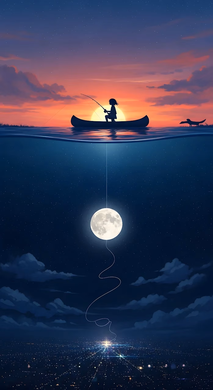 Surreal Fishing the Moon Above a Hidden City - Free Mobile AMOLED Wallpaper Background