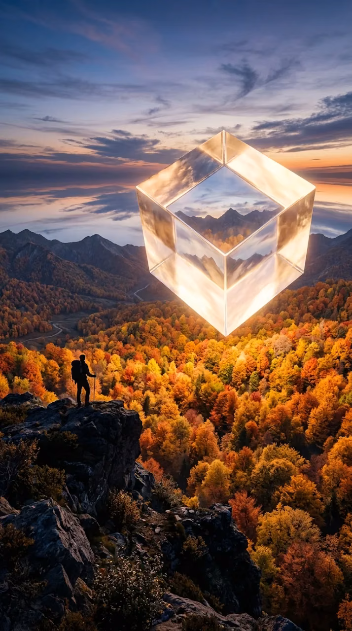 Download Surreal Floating Glowing Cube Over an Autumn Forest with Hiker Wallpaper in Mobile HD Surreal Floating Glowing Cube Over an Autumn Forest with Hiker - Free Mobile AMOLED Wallpaper Background