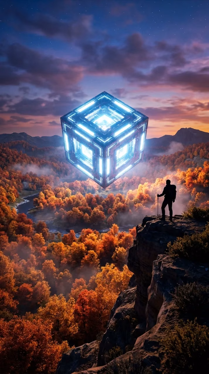 Surreal Forest Scene with Glowing Cube and Hiker Silhouette - Free Mobile AMOLED Wallpaper Background