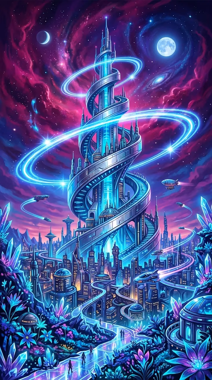 Surreal Futuristic Cityscape with Massive Spiral Tower and Dual Moons - Free Mobile AMOLED Wallpaper Background