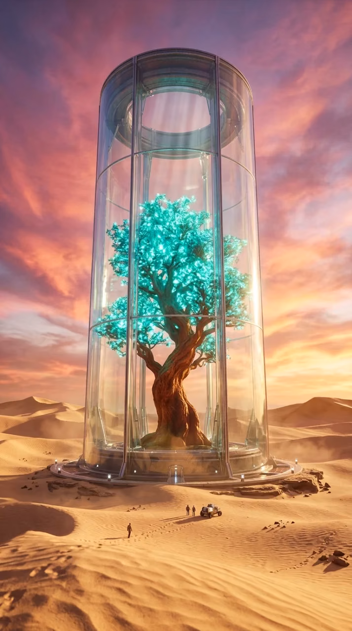 Download Surreal Giant Desert Cylinder Enclosing a Luminescent Tree Wallpaper in Mobile HD Surreal Giant Desert Cylinder Enclosing a Luminescent Tree - Free Mobile AMOLED Wallpaper Background