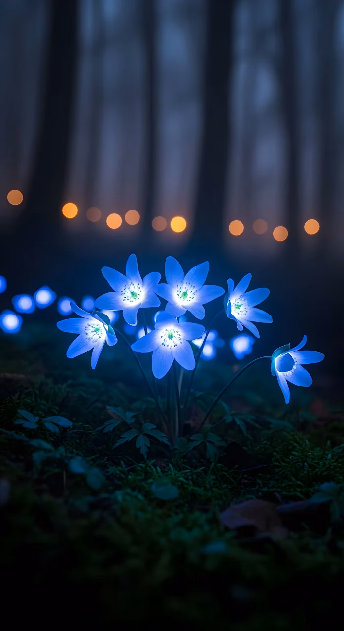 Surreal Glowing Blue Flowers in Dark Misty Forest Scene - Free Mobile AMOLED Wallpaper Background