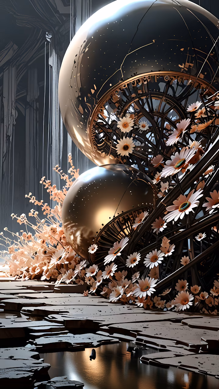 Download Surreal Golden Spheres Amidst Blooming Flowers in Ruined Hall Wallpaper in Mobile HD Surreal Golden Spheres Amidst Blooming Flowers in Ruined Hall - Free Mobile AMOLED Wallpaper Background