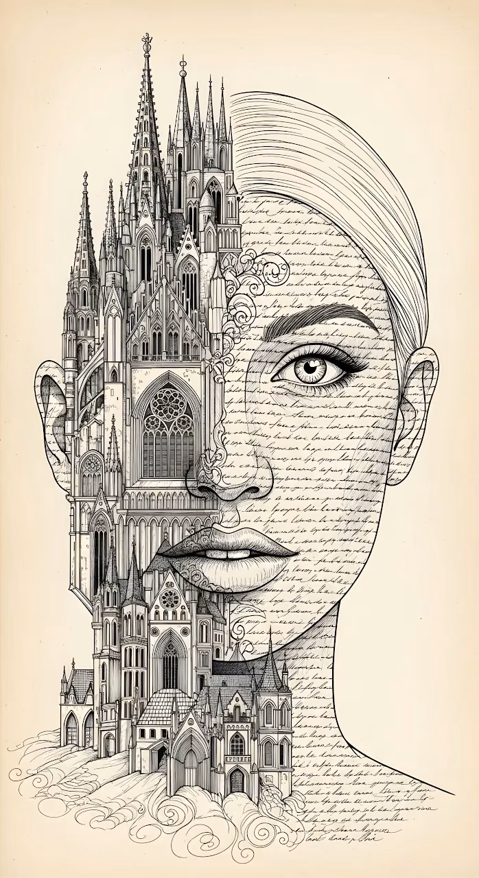 Surreal Gothic Cathedral Architecture Woman Face Drawing - Free Mobile AMOLED Wallpaper Background
