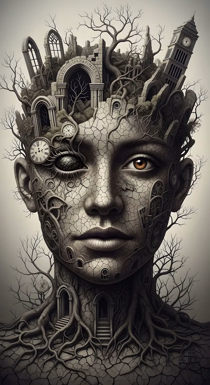 Surreal Human Head Merged with Gothic Ruins and Roots - Free Mobile AMOLED Wallpaper Background