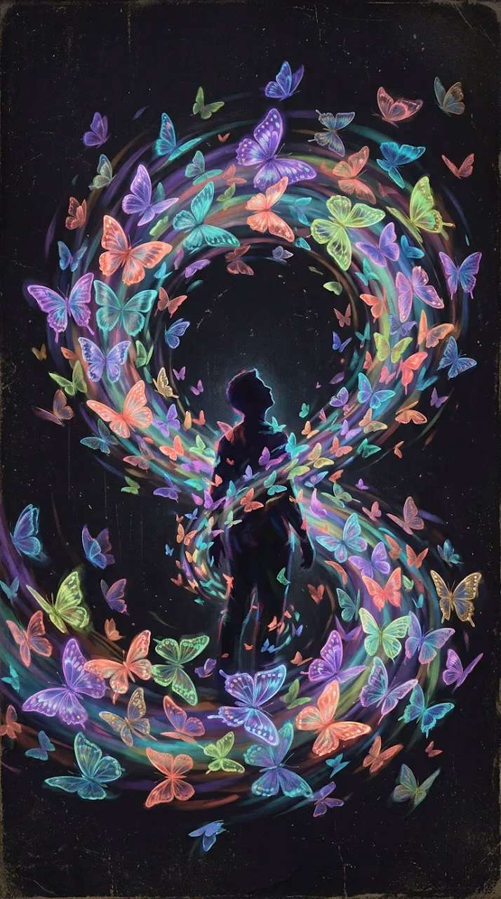 Surreal Human Silhouette Enveloped in Vibrant Translucent Butterflies - Free Mobile AMOLED Wallpaper Background