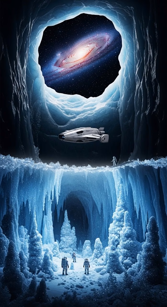 Surreal Ice Cavern with Alien Spacecraft and Galaxy - Free Mobile AMOLED Wallpaper Background