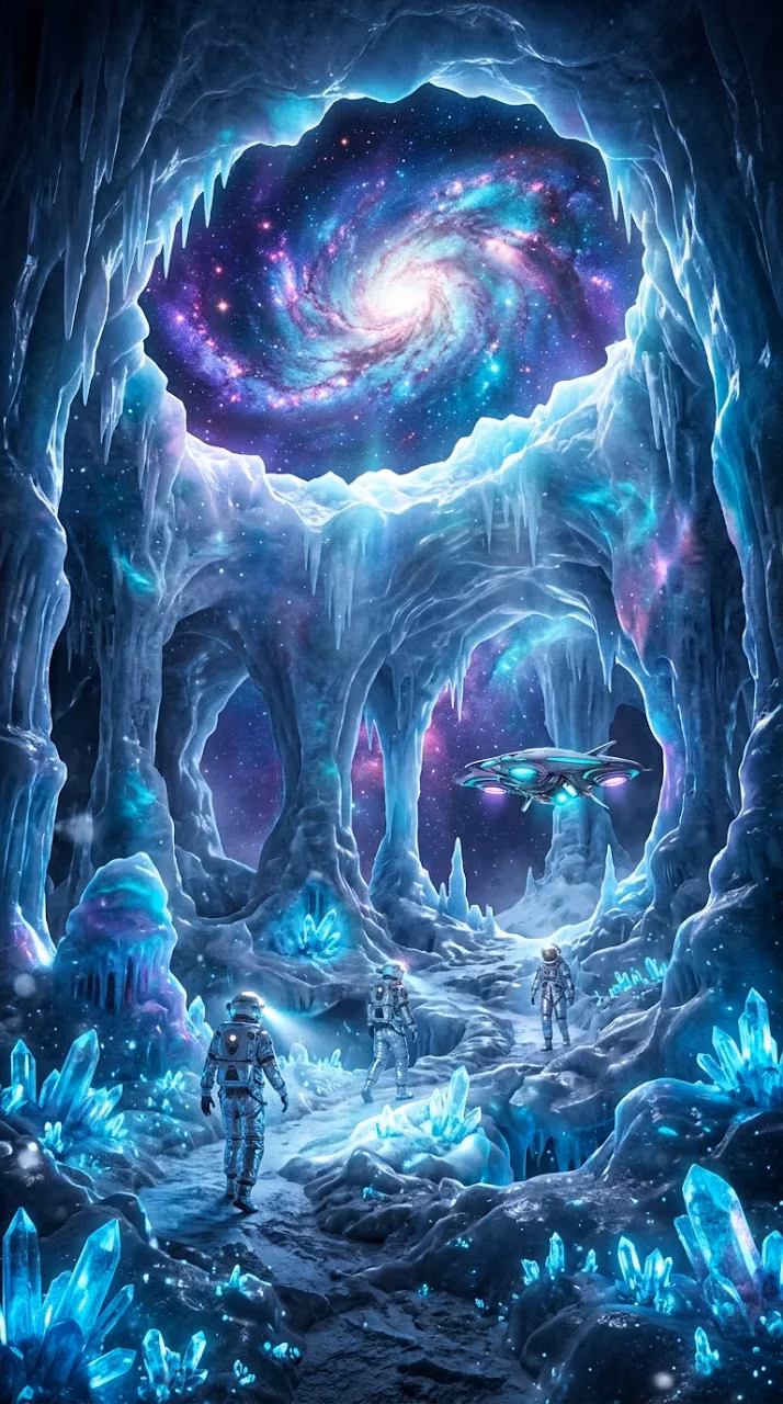 Surreal Ice Cavern with Astronauts and Galaxy Ceiling Opening - Free Mobile AMOLED Wallpaper Background