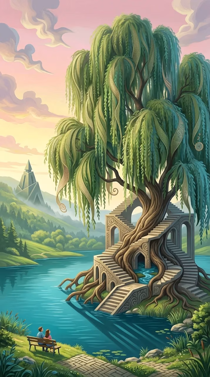 Surreal Illustration of Giant Weeping Willow Trees by a Serene Lake - Free Mobile AMOLED Wallpaper Background