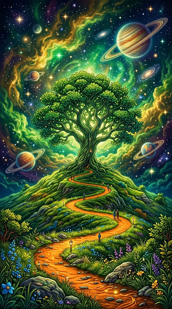 Download Surreal Illustration of a Green Tree with Cosmic Sky Wallpaper in Mobile HD Surreal Illustration of a Green Tree with Cosmic Sky - Free Mobile AMOLED Wallpaper Background