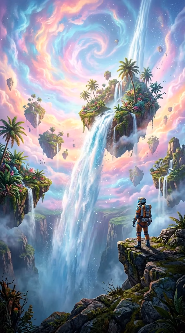 Download Surreal Inverted Waterfall and Floating Islands with Explorer Wallpaper in Mobile HD Surreal Inverted Waterfall and Floating Islands with Explorer - Free Mobile AMOLED Wallpaper Background