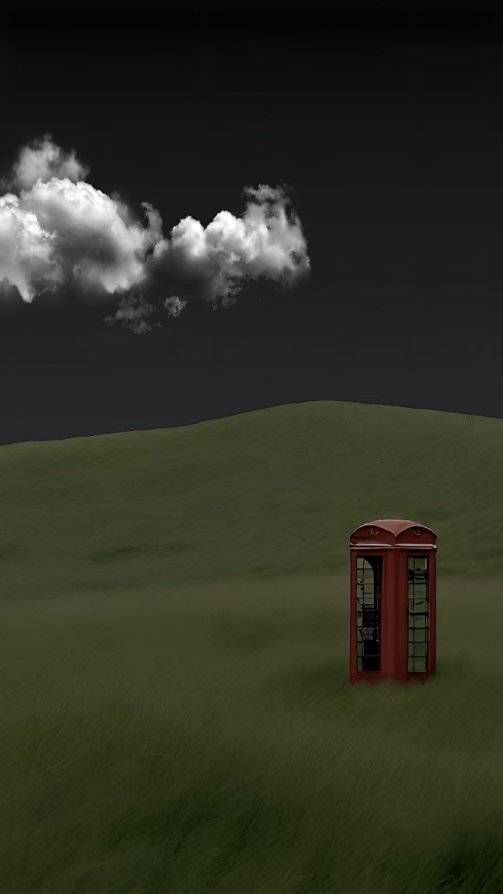 Surreal Isolated Red Phone Booth Dark Green Field Art - Free Mobile AMOLED Wallpaper Background