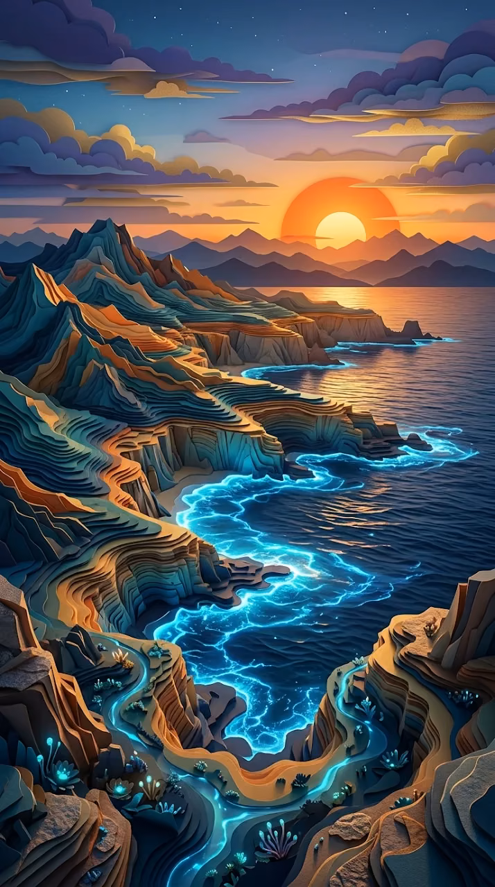 Download Surreal Layered Cliffside Sunset with Glowing Blue Tide Wallpaper in Mobile HD Surreal Layered Cliffside Sunset with Glowing Blue Tide - Free Mobile AMOLED Wallpaper Background