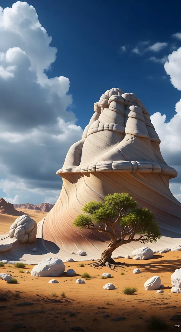 Surreal Layered Sandstone Rock Formation Desert Landscape Tree - Free Mobile AMOLED Wallpaper Background