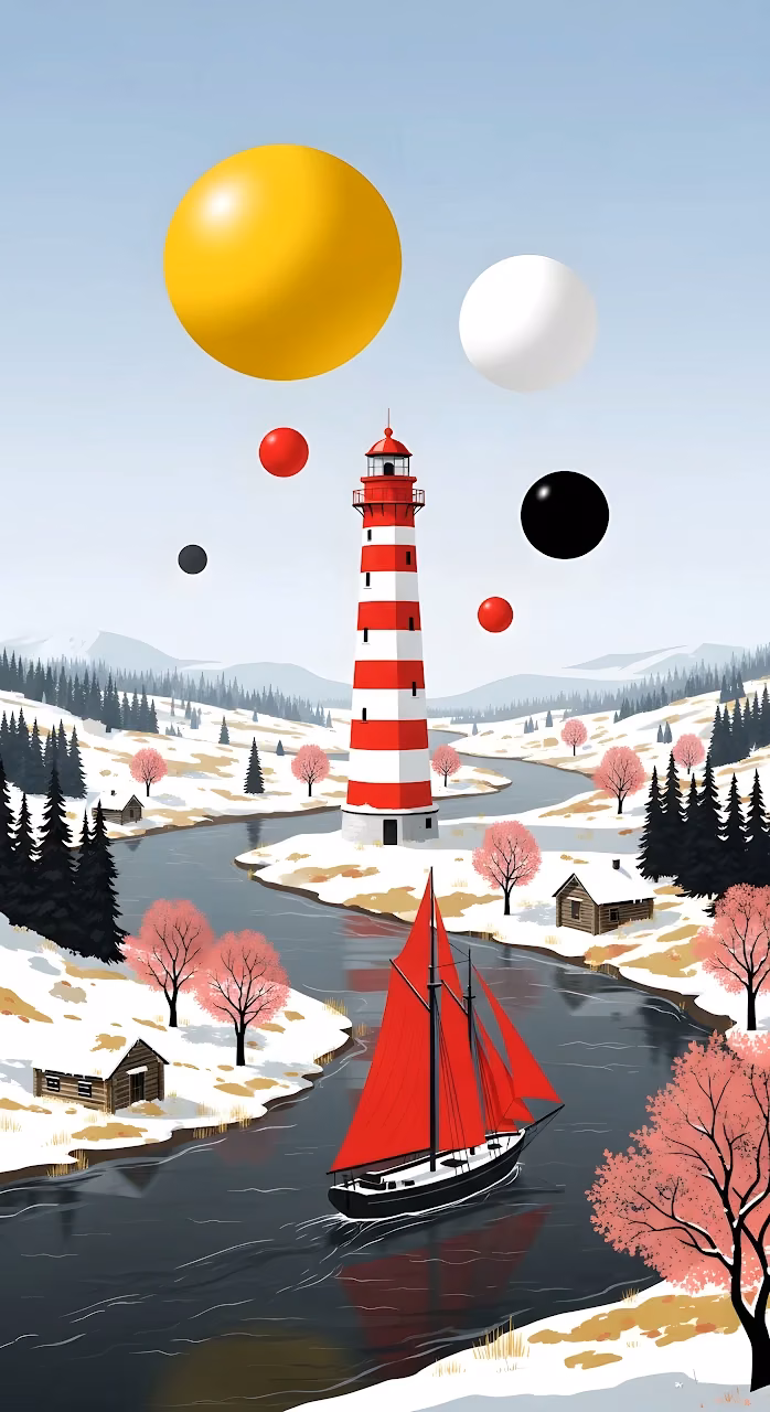 Surreal Lighthouse Winter Landscape with Floating Spheres Art - Free Mobile AMOLED Wallpaper Background