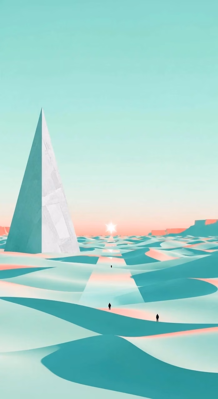 Download Surreal Minimalist Desert with White Pyramid and Teal Dunes Wallpaper in Mobile HD Surreal Minimalist Desert with White Pyramid and Teal Dunes - Free Mobile AMOLED Wallpaper Background