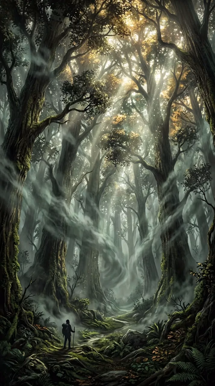 Surreal Misty Forest with Sparkling Dappled Light and Silhouette Figure - Free Mobile AMOLED Wallpaper Background