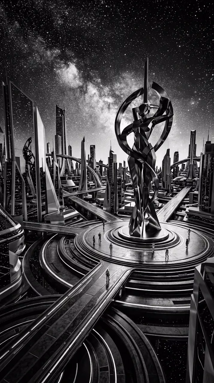 Download Surreal Monochromatic Sci-Fi Cityscape Under Stars Wallpaper in Mobile HD Surreal Monochromatic Sci-Fi Cityscape Under Stars - Free Mobile AMOLED Wallpaper Background