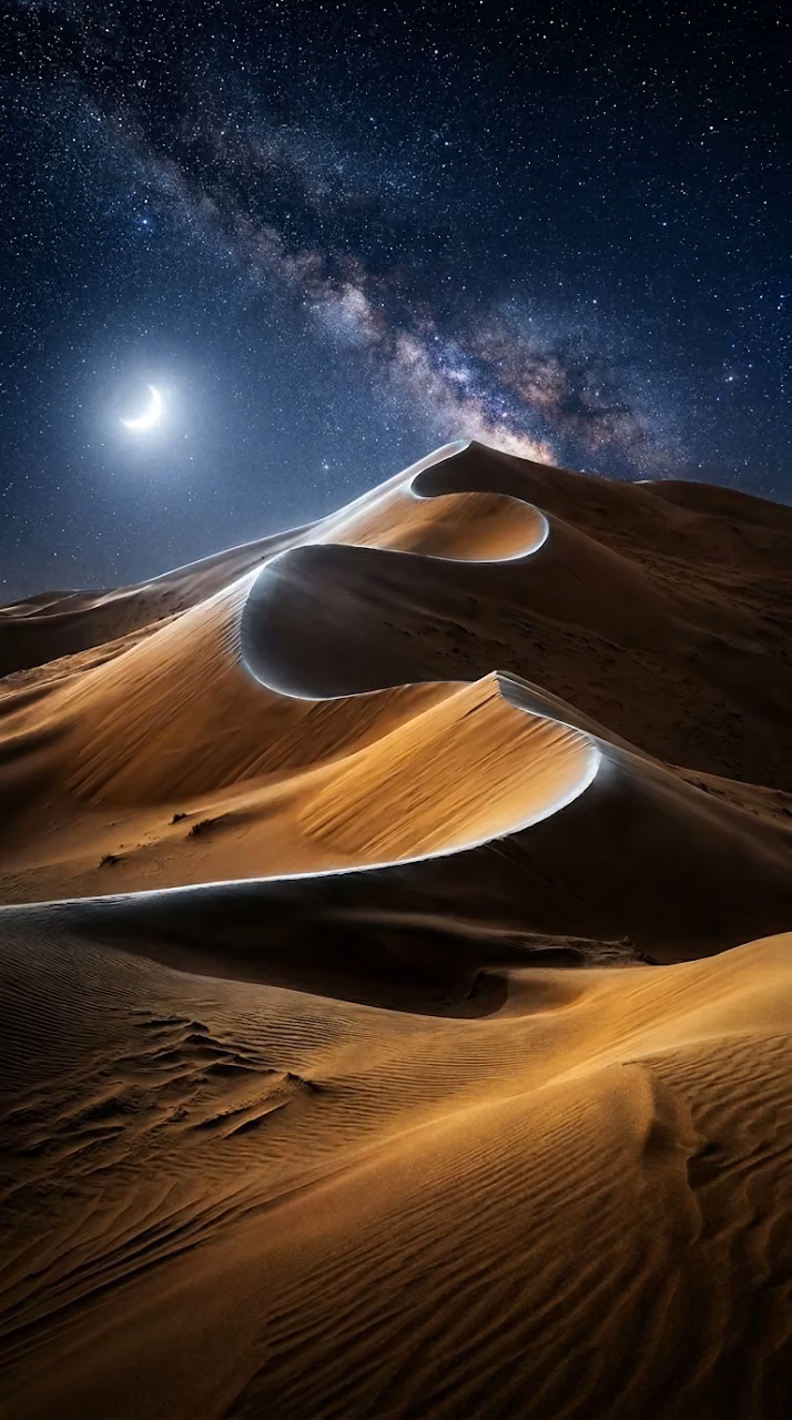 Surreal Moonlit Desert Dunes Under Deep Indigo Starry Sky - Free Mobile AMOLED Wallpaper Background