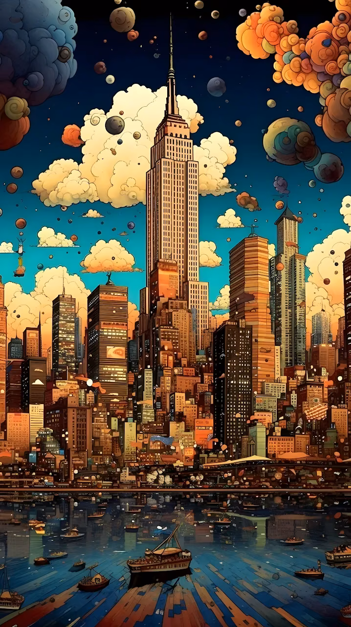 Surreal New York City Skyline Illustration - Free Mobile AMOLED Wallpaper Background
