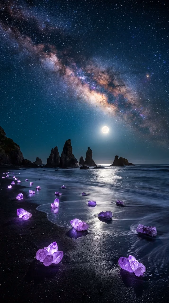 Surreal Night Photography of Glowing Purple Crystals on a Dark Beach - Free Mobile AMOLED Wallpaper Background