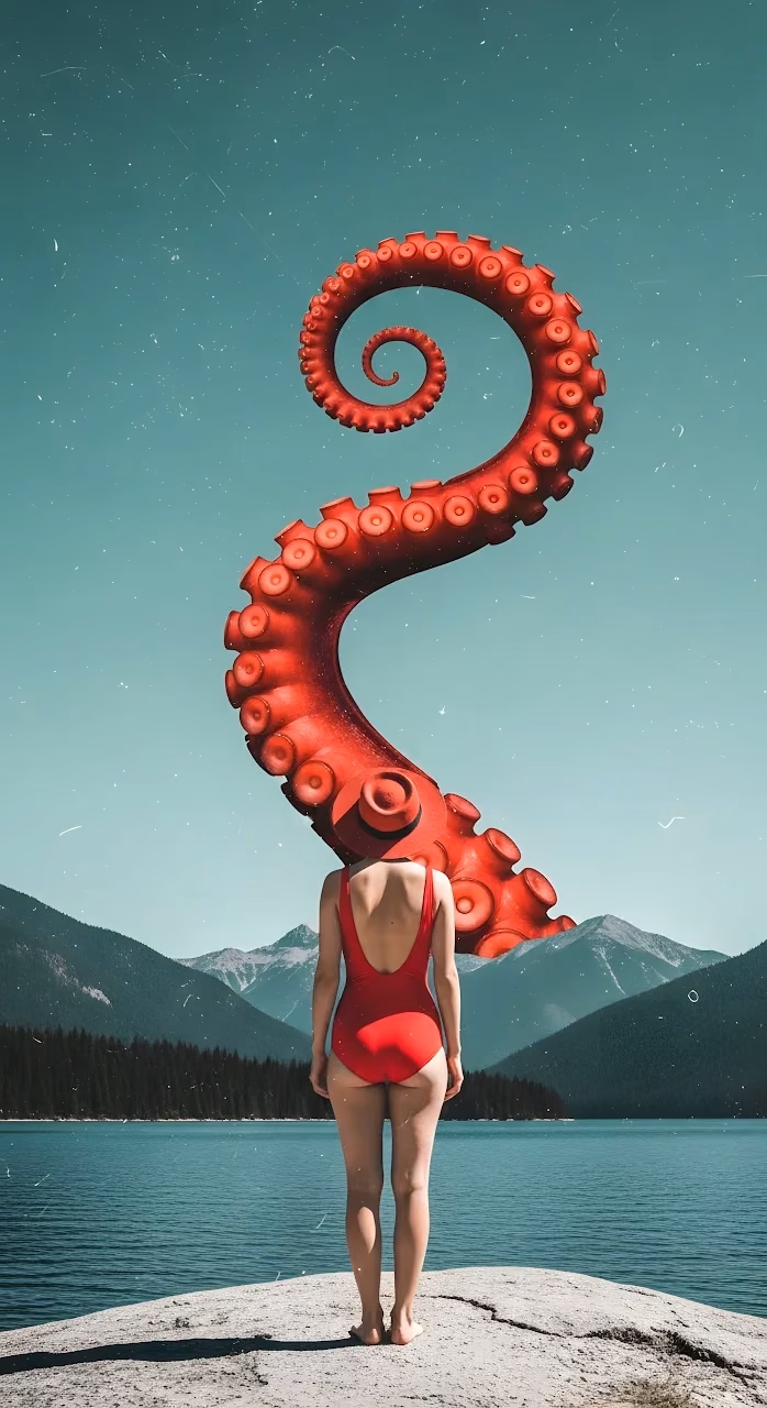 Download Surreal Octopus Tentacle Head in Mountain Lake Scene Wallpaper in Mobile HD Surreal Octopus Tentacle Head in Mountain Lake Scene - Free Mobile AMOLED Wallpaper Background