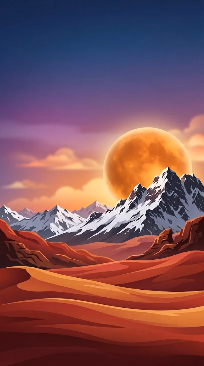 Download Surreal Orange Moon Over Snowy Mountains Illustration Wallpaper in Mobile HD Surreal Orange Moon Over Snowy Mountains Illustration - Free Mobile AMOLED Wallpaper Background