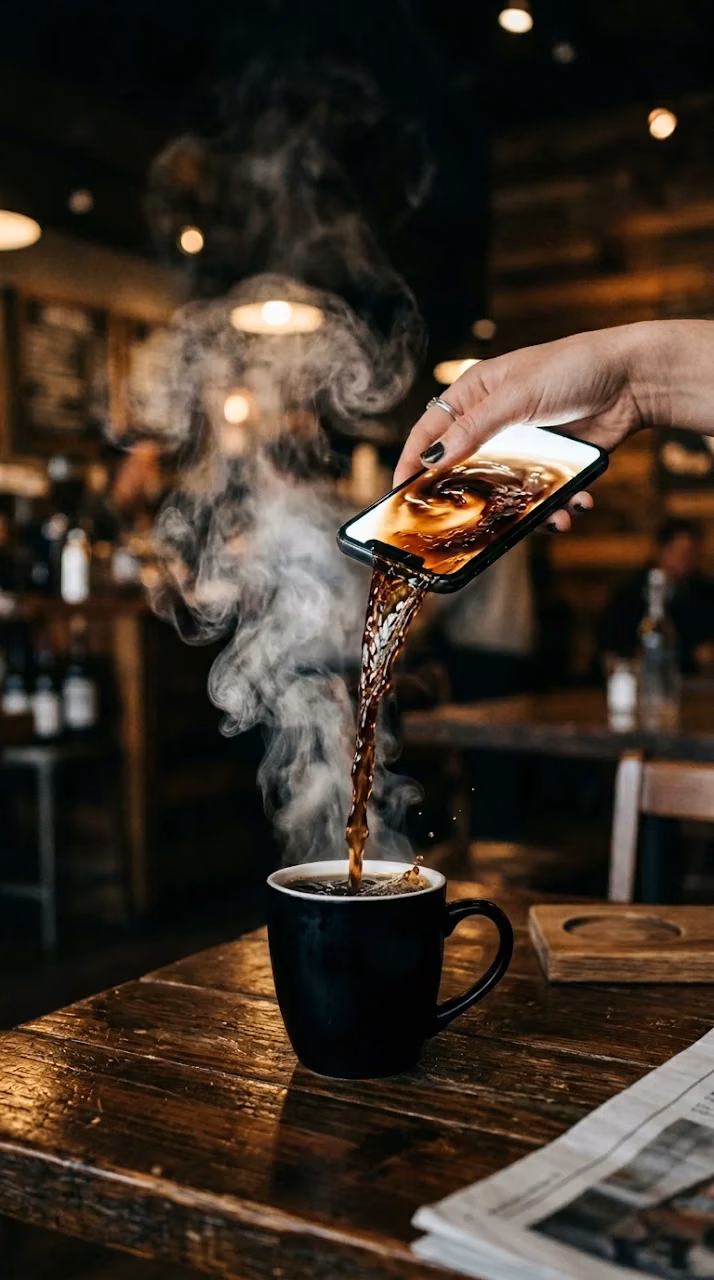 Download Surreal Photography of Coffee Pouring Out of a Smartphone Screen Wallpaper in Mobile HD Surreal Photography of Coffee Pouring Out of a Smartphone Screen - Free Mobile AMOLED Wallpaper Background