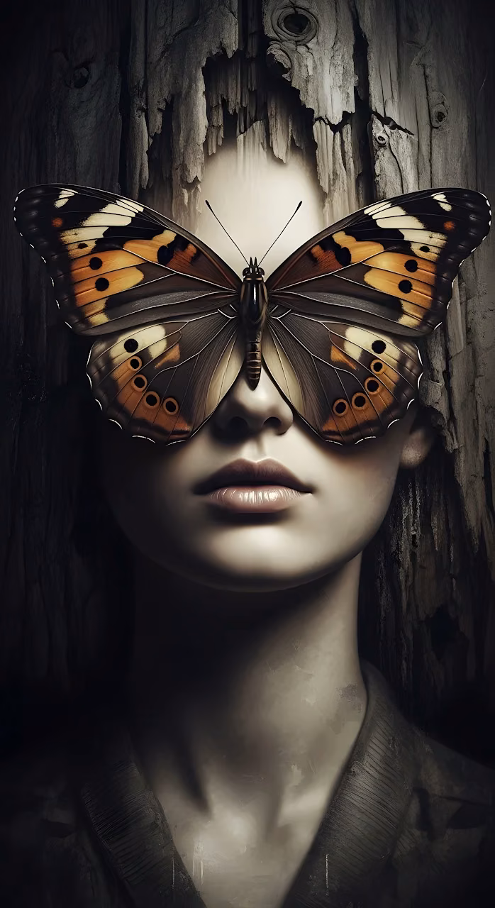 Surreal Portrait Woman Butterfly Mask Dark Aesthetic - Free Mobile AMOLED Wallpaper Background
