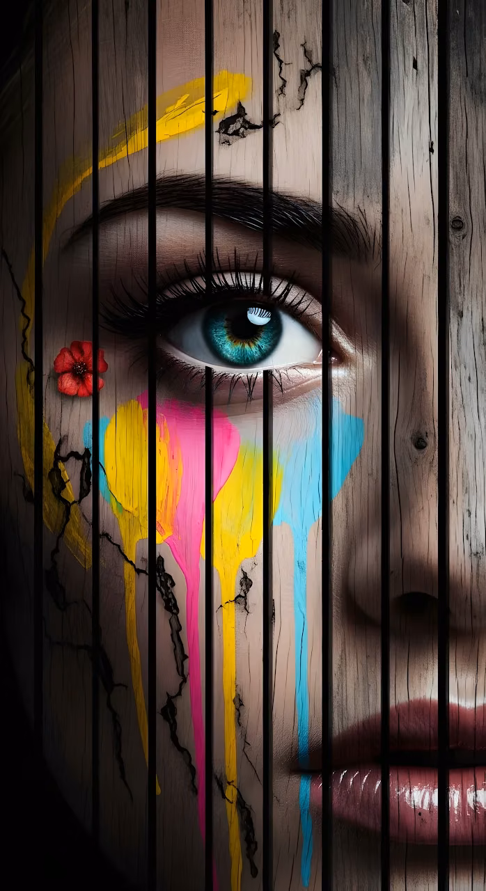Surreal Portrait Woman Eye Paint Drips Wood Slats Texture Art - Free Mobile AMOLED Wallpaper Background