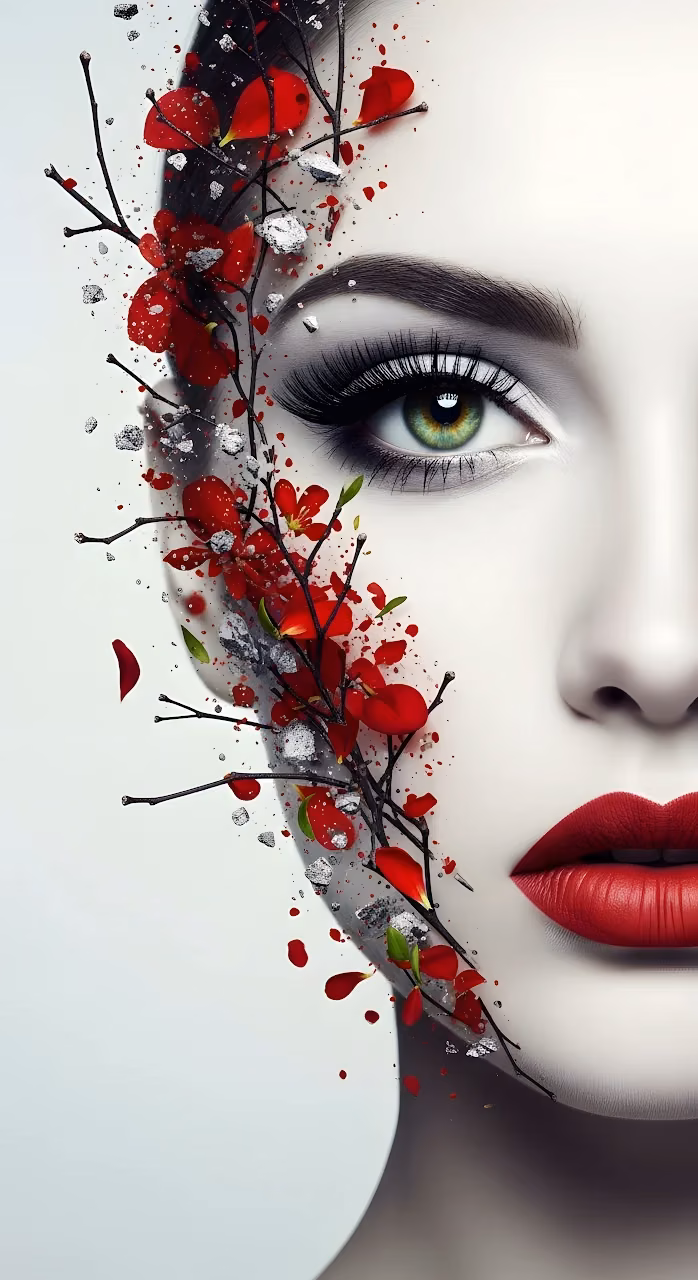 Surreal Portrait of Woman with Exploding Red Flowers - Free Mobile AMOLED Wallpaper Background