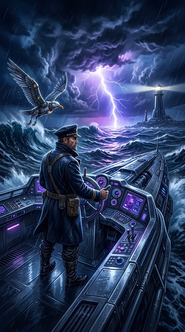 Download Surreal Retro-Futuristic Seascape with Sailor Wallpaper in Mobile HD Surreal Retro-Futuristic Seascape with Sailor - Free Mobile AMOLED Wallpaper Background