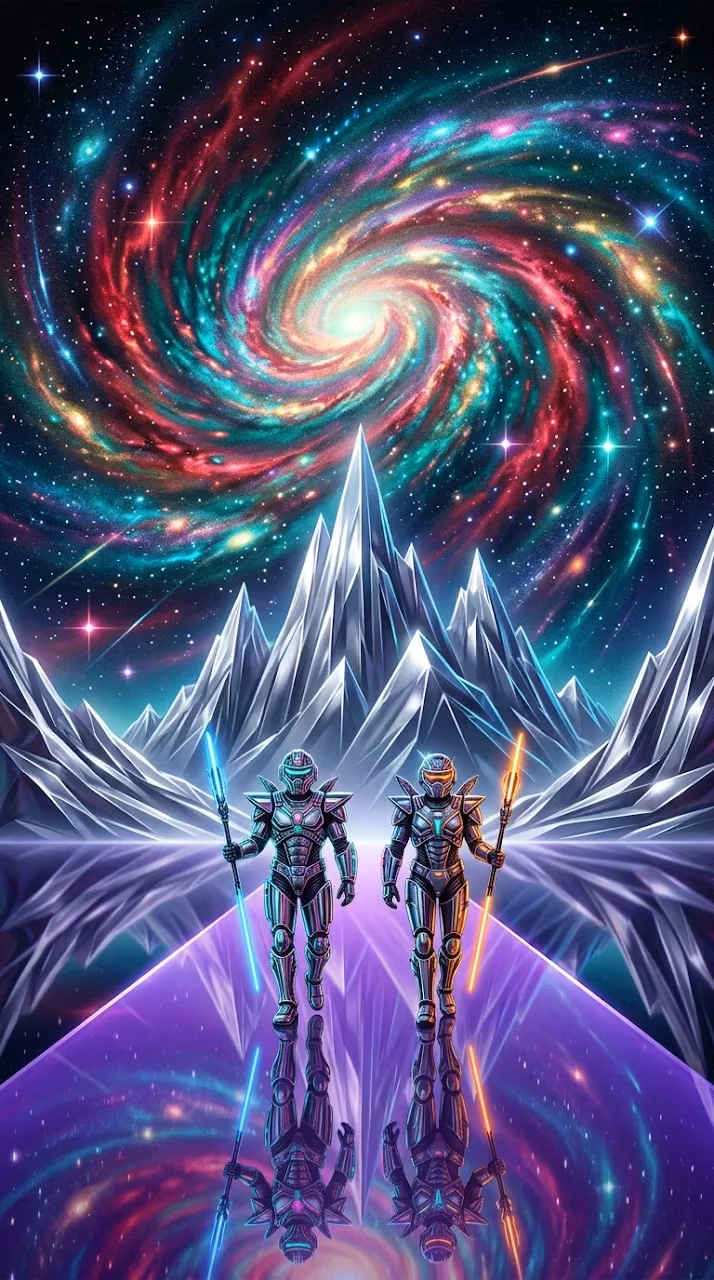 Surreal Retro-Futuristic Mountain Ascent with Iridescent Galaxy - Free Mobile AMOLED Wallpaper Background
