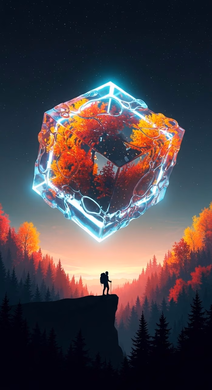 Surreal Sci-Fi Cube Over Vibrant Autumn Forest - Free Mobile AMOLED Wallpaper Background
