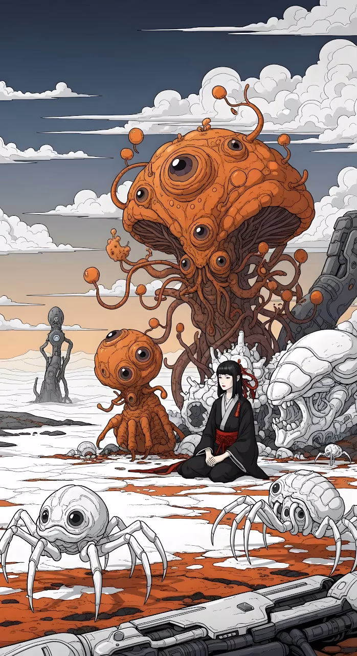 Download Surreal Sci Fi Horror Manga Scene with Grotesque Alien Creatures Wallpaper in Mobile HD Surreal Sci Fi Horror Manga Scene with Grotesque Alien Creatures - Free Mobile AMOLED Wallpaper Background
