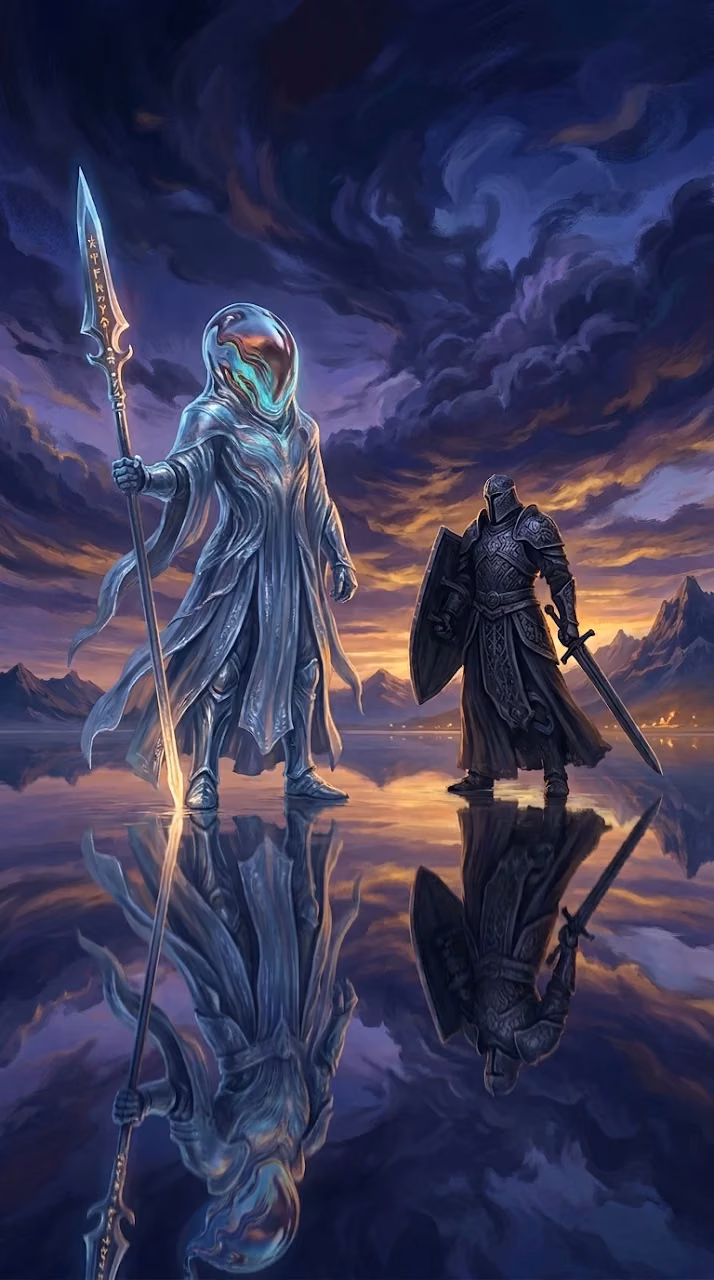 Surreal Sea Guardians in Liquid Glass Helmets and Flowing Robes - Free Mobile AMOLED Wallpaper Background