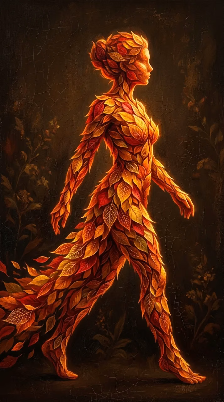 Surreal Silhouette of Human Figure Formed by Autumn Leaves - Free Mobile AMOLED Wallpaper Background
