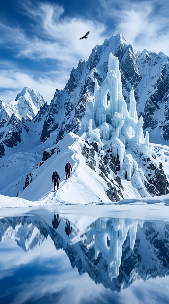 Surreal Snowy Mountains with Colossal Ice Sculpture and Climbers - Free Mobile AMOLED Wallpaper Background