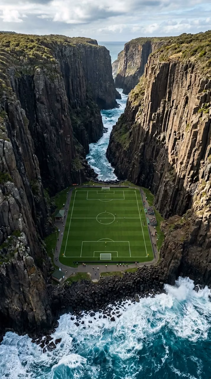 Surreal Soccer Field Built into a Steep Coastal Cliff Ravine - Free Mobile AMOLED Wallpaper Background