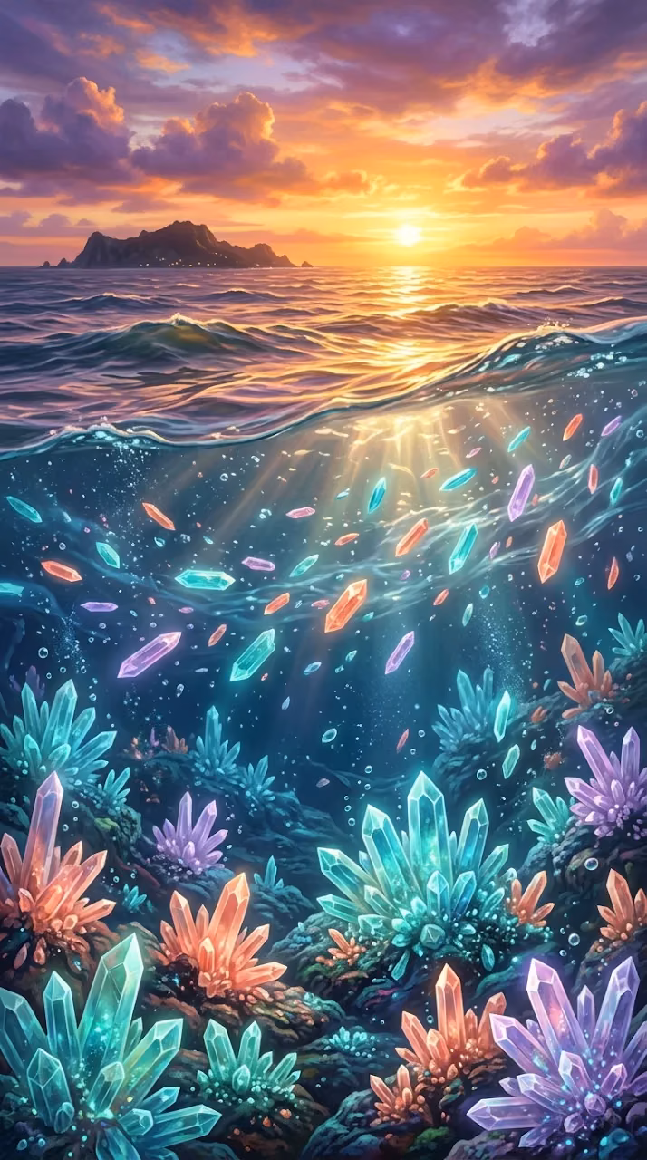 Surreal Underwater Crystals Growing Toward a Golden Sunset - Free Mobile AMOLED Wallpaper Background
