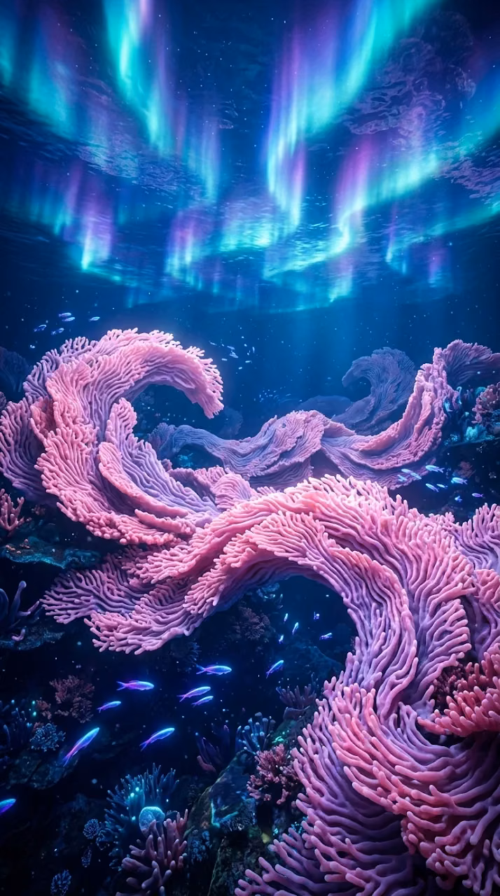 Surreal Underwater Landscape with Coral and Water Aurora - Free Mobile AMOLED Wallpaper Background