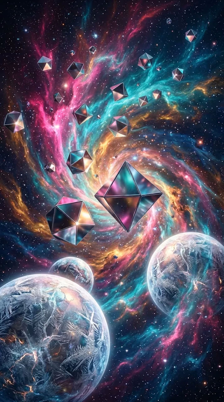 Surreal Universe with Floating Metallic Octahedrons and Nebulae - Free Mobile AMOLED Wallpaper Background