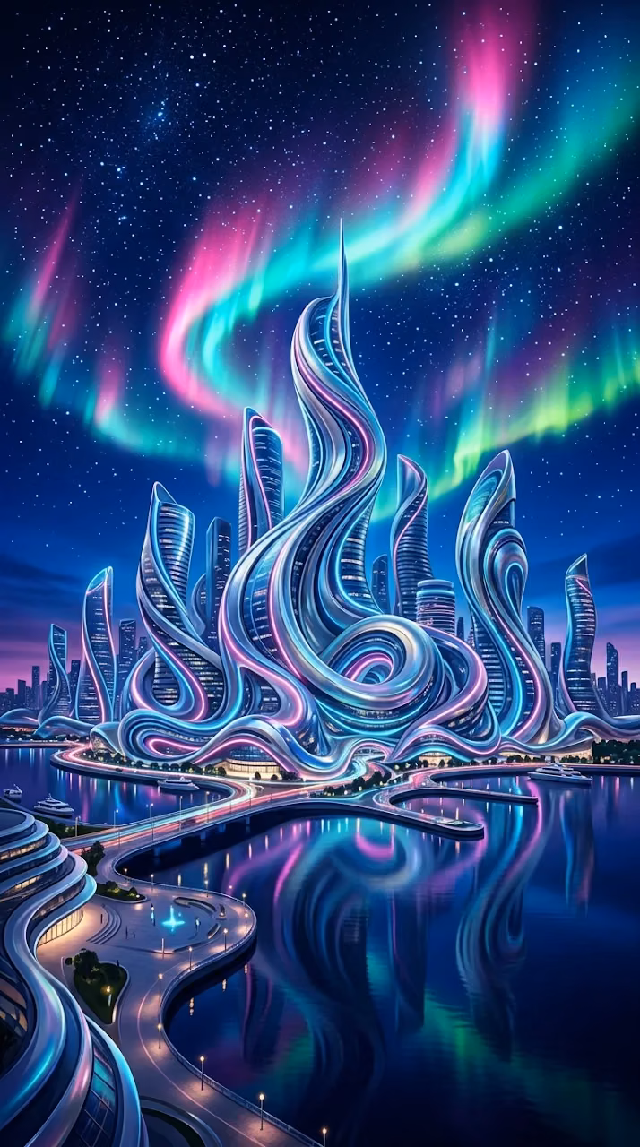 Download Surreal Wave Cityscape with Neon Aurora Sky Wallpaper in Mobile HD Surreal Wave Cityscape with Neon Aurora Sky - Free Mobile AMOLED Wallpaper Background