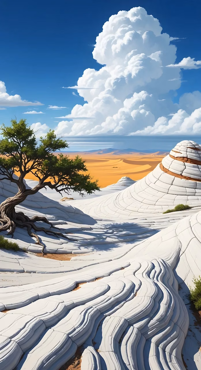 Surreal White Sandstone Desert Landscape and Tree - Free Mobile AMOLED Wallpaper Background