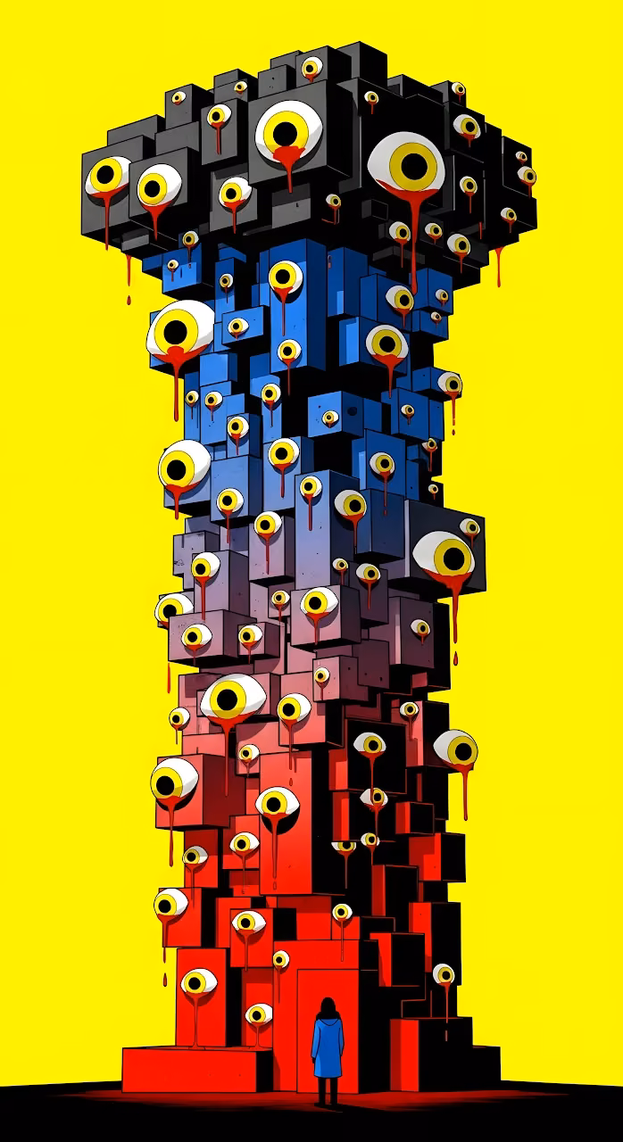 Surveillance Tower Art Dripping Eyes Yellow Background Dystopia - Free Mobile AMOLED Wallpaper Background