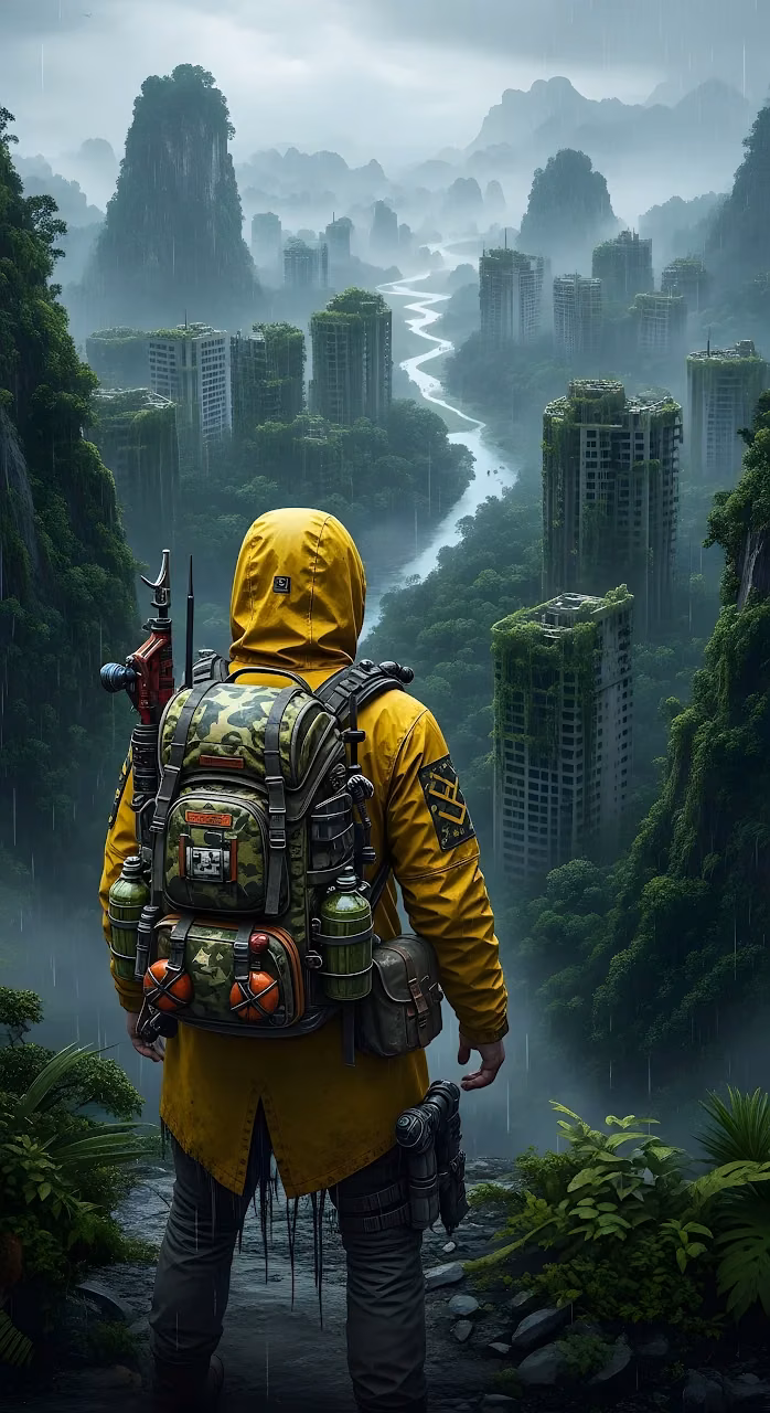 Download Survivor Overlooking Overgrown City Ruins in the Rain Wallpaper in Mobile HD Survivor Overlooking Overgrown City Ruins in the Rain - Free Mobile AMOLED Wallpaper Background