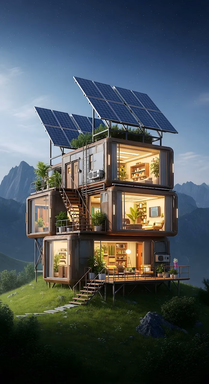 Download Sustainable Container Home Solar Panels Mountain View Night Wallpaper in Mobile HD Sustainable Container Home Solar Panels Mountain View Night - Free Mobile AMOLED Wallpaper Background