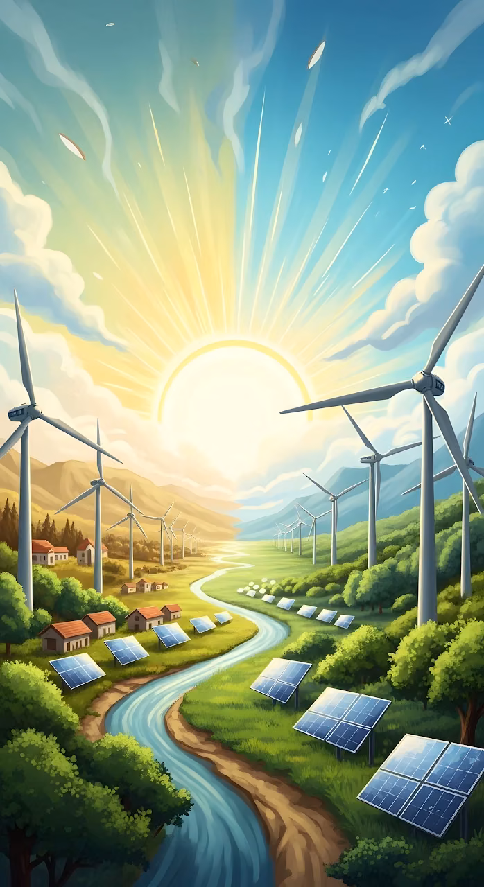Sustainable Energy Valley with Solar Panels and Wind Turbines - Free Mobile AMOLED Wallpaper Background