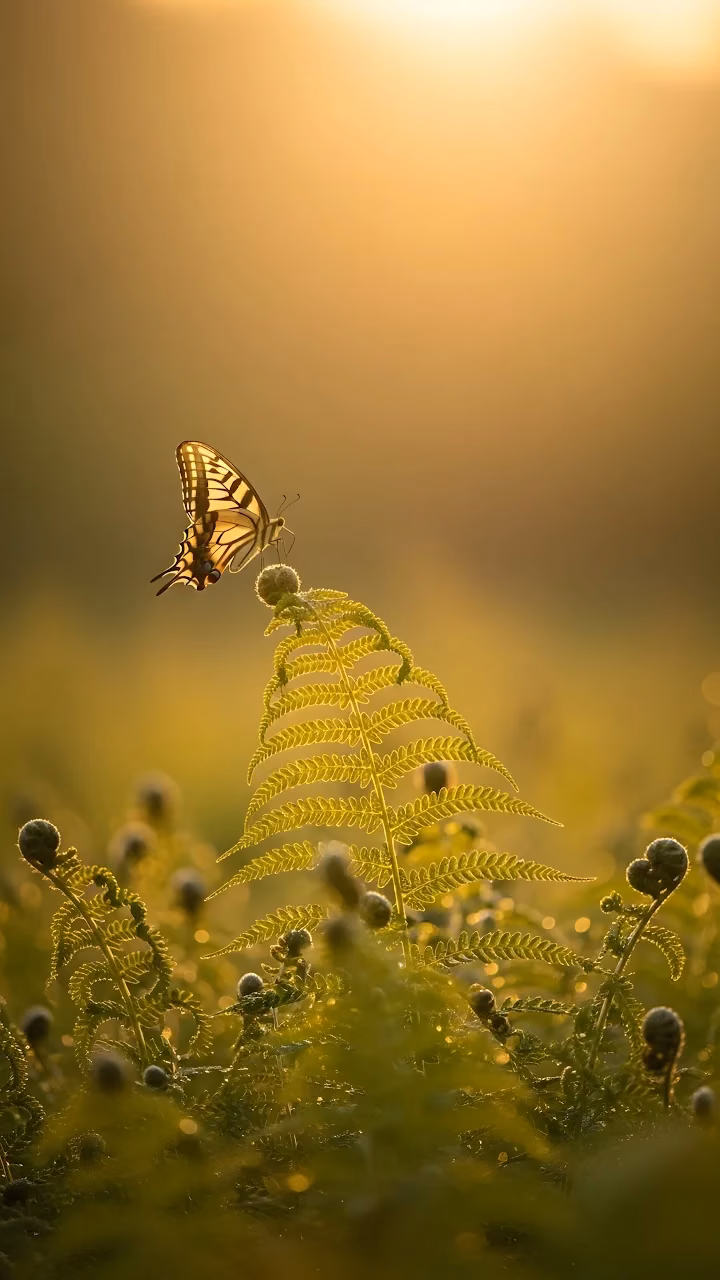 Swallowtail Butterfly on Fern Frond at Sunset - Free Mobile AMOLED Wallpaper Background