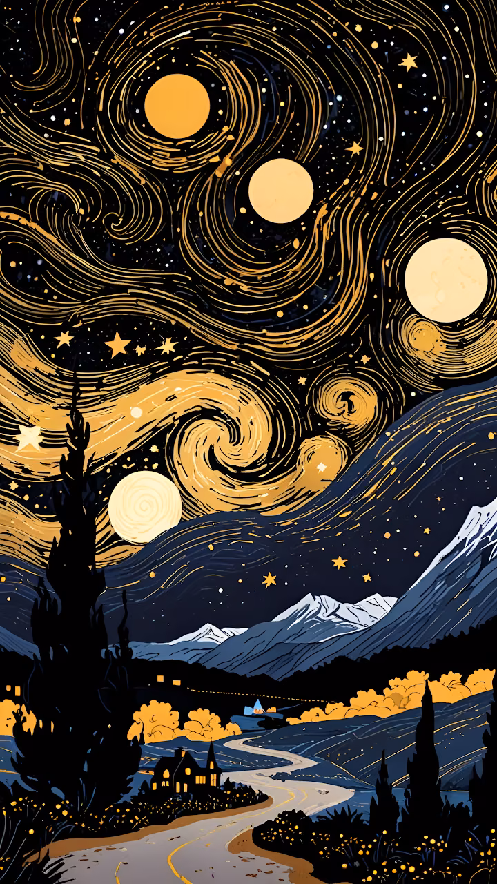Download Swirling Starry Night Landscape, Van Gogh Inspired Painting Wallpaper in Mobile HD Swirling Starry Night Landscape, Van Gogh Inspired Painting - Free Mobile AMOLED Wallpaper Background